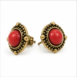 Brass Antique Oxidized Coral Cabochon Stud Earrings